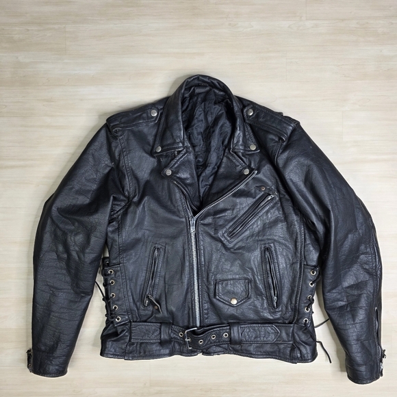 Vintage Classic Side Lace Leather Cafe Heavy Thick Motorcycle Jacket 44 Medium - Picture 1 of 10